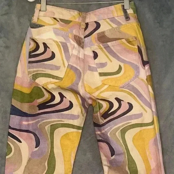 Zara Multicolor Denim Straight Jeans with Psychedelic Abstract Swirl print Sz 2 - Picture 7 of 13